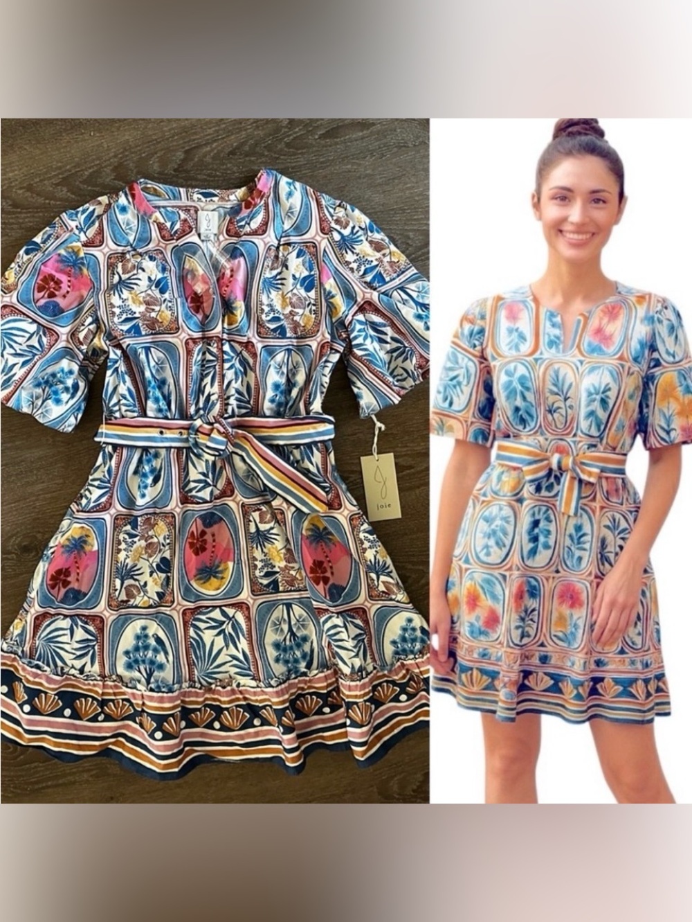 NWT Joie Burton Down Belted Puff Sleeve Printed Mini Dress - Picture 2 of 14